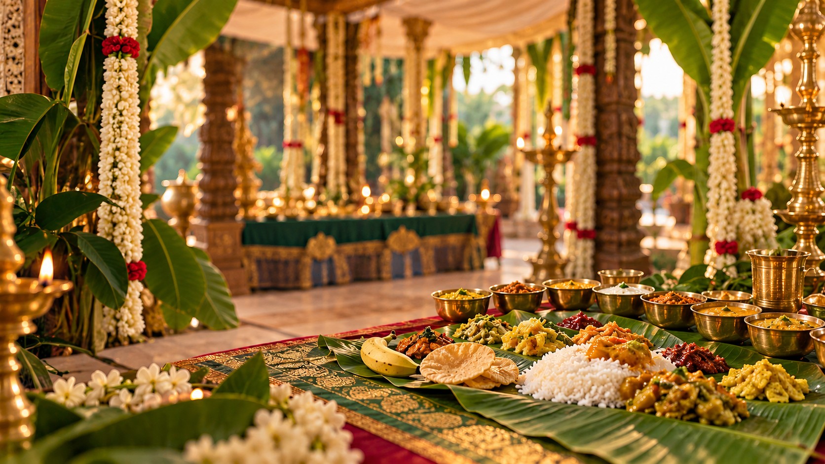 A traditional South Indian catering feast prepared by Devi Kamakshi Catering